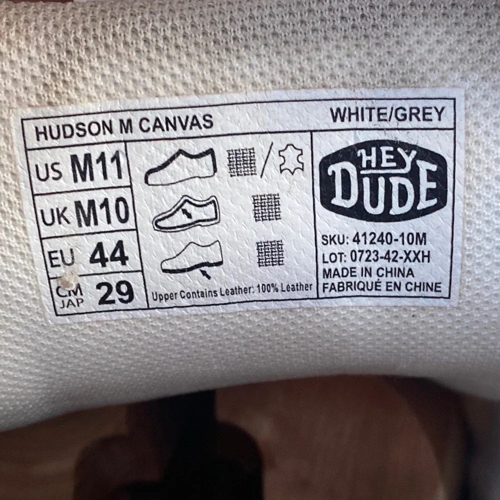 Hey Dude Hudson M Canvas Mens Sneakers White Grey Size 11 41240-10M